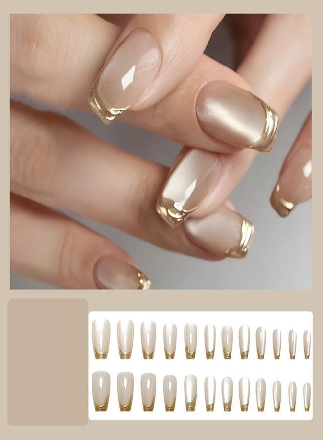 YoYoee 24Pcs-Short Square Press on Nails - French Cat's Eye False Nails | Glossy Bling Fake Nails for Women Elegant & Durable Artificial Nails for Instant Manicure - Image 2